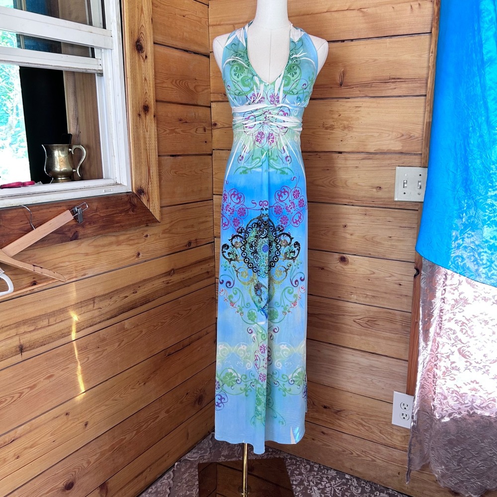 Vintage Cristinalove Halter Maxi Dress Women Medium Blue Paisley Y2K Bohemian
